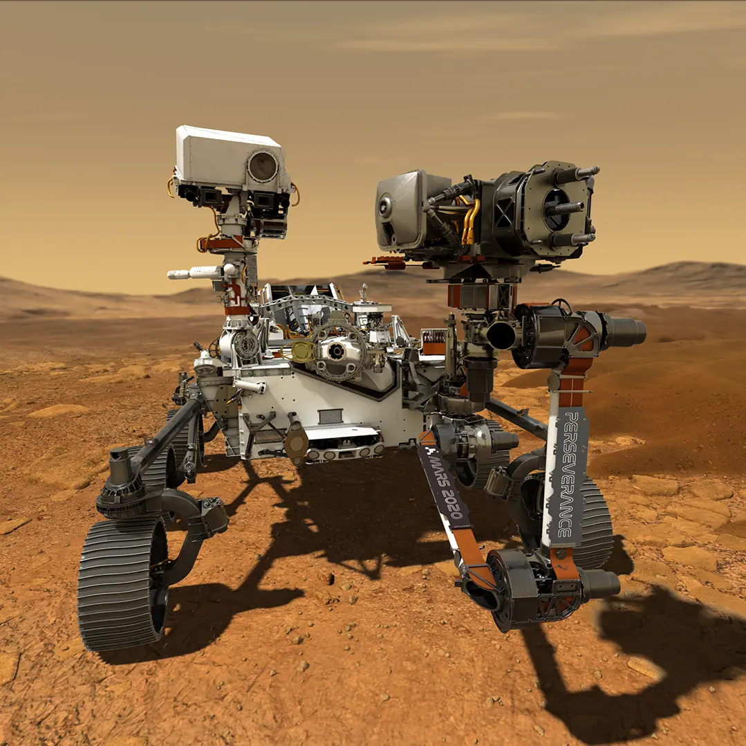 Small circular image of an artist's rendition of Perseverance, a rover on Mars. (Source: NASA).